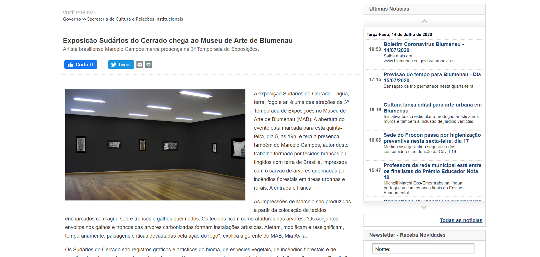 Print screen da matéria veiculada através do portal da prefeitura da cidade de Blumenau, Santa Catarina.