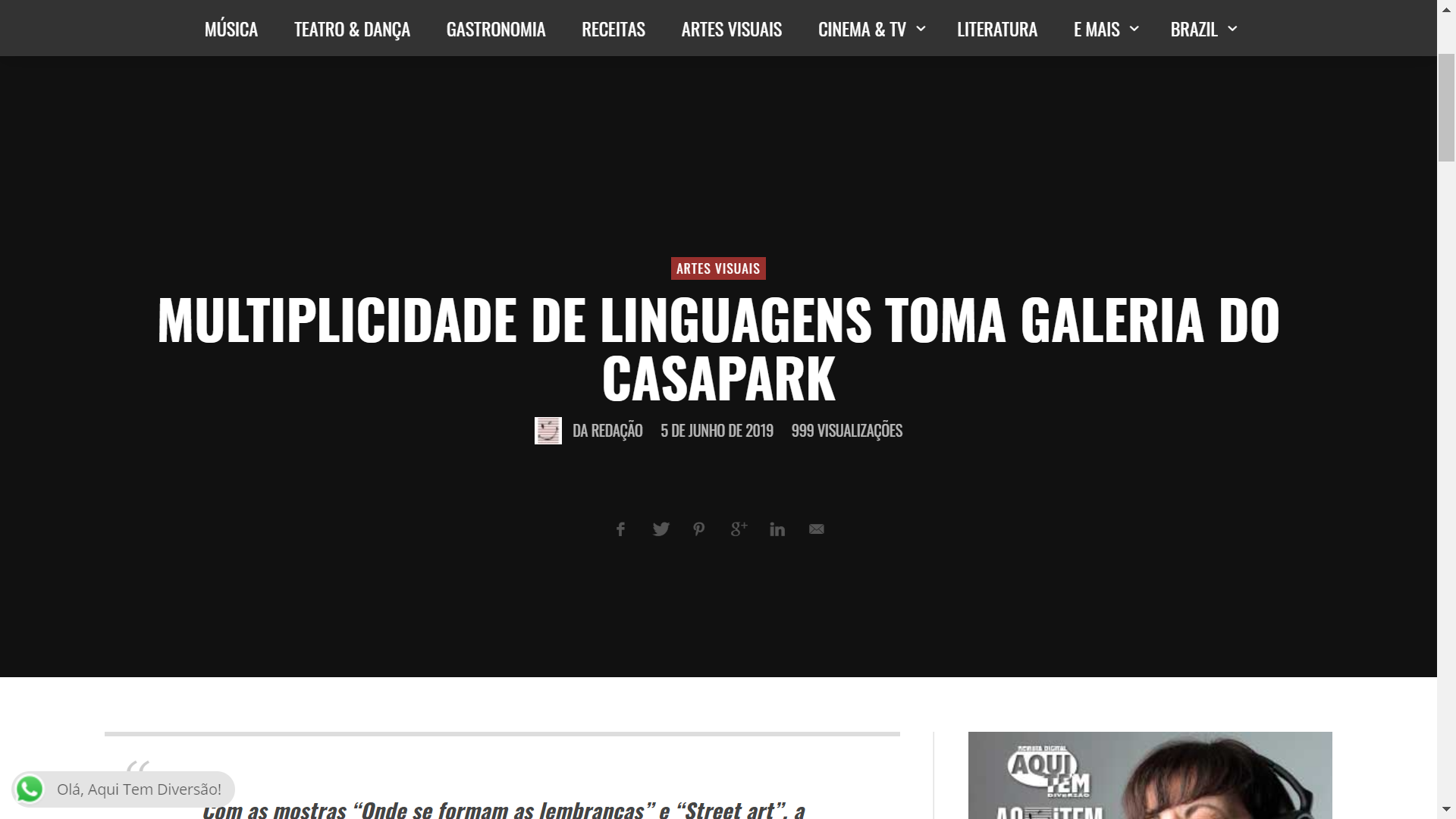 Print screen da matéria veiculada no portal de notícias Aqui tem diversão.